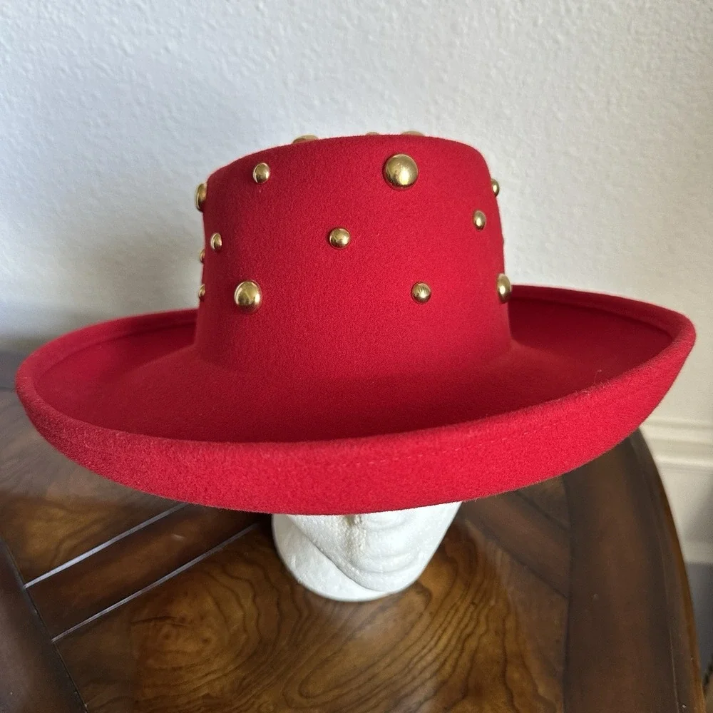 VTG Betmar NY Red Wool Hat 22 Inch Small Gold Stud Fedora Wide Brim USA LiteFelt